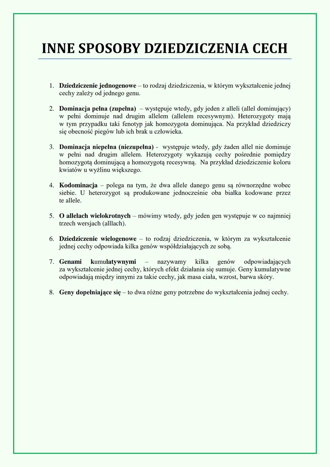 INNE SPOSOBY DZIEDZICZENIA CECH
1. Dziedziczenie jednogenowe - to rodzaj dziedziczenia, w którym wykształcenie jednej
cechy zależy od jedneg