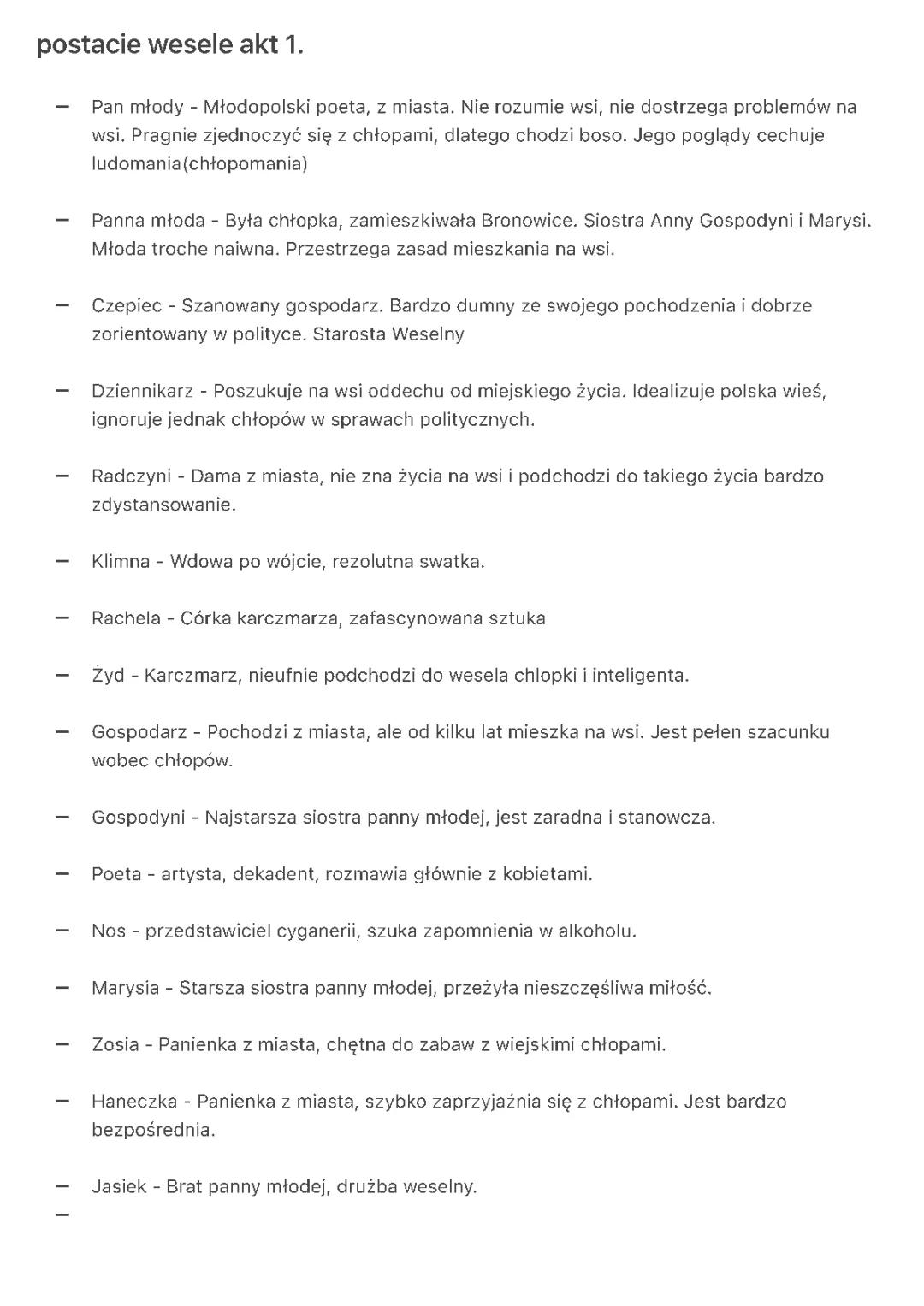 bohaterowie akt 1 wesele S. Wyspiański 