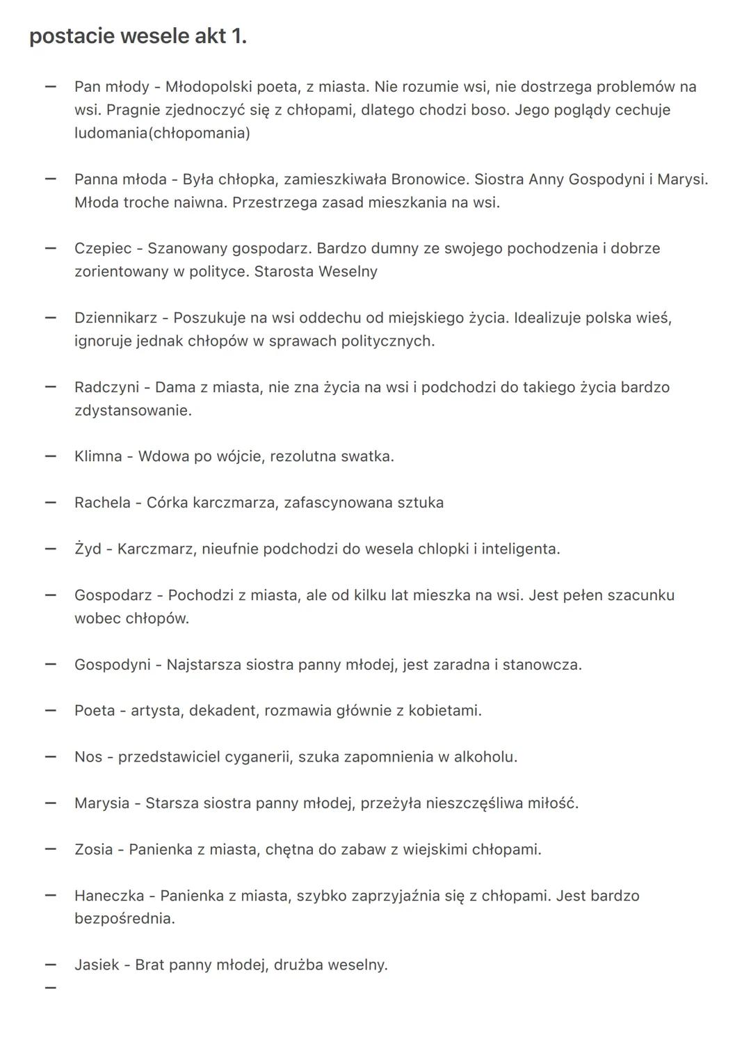 postacie wesele akt 1.
Pan młody - Młodopolski poeta, z miasta. Nie rozumie wsi, nie dostrzega problemów na
wsi. Pragnie zjednoczyć się z ch