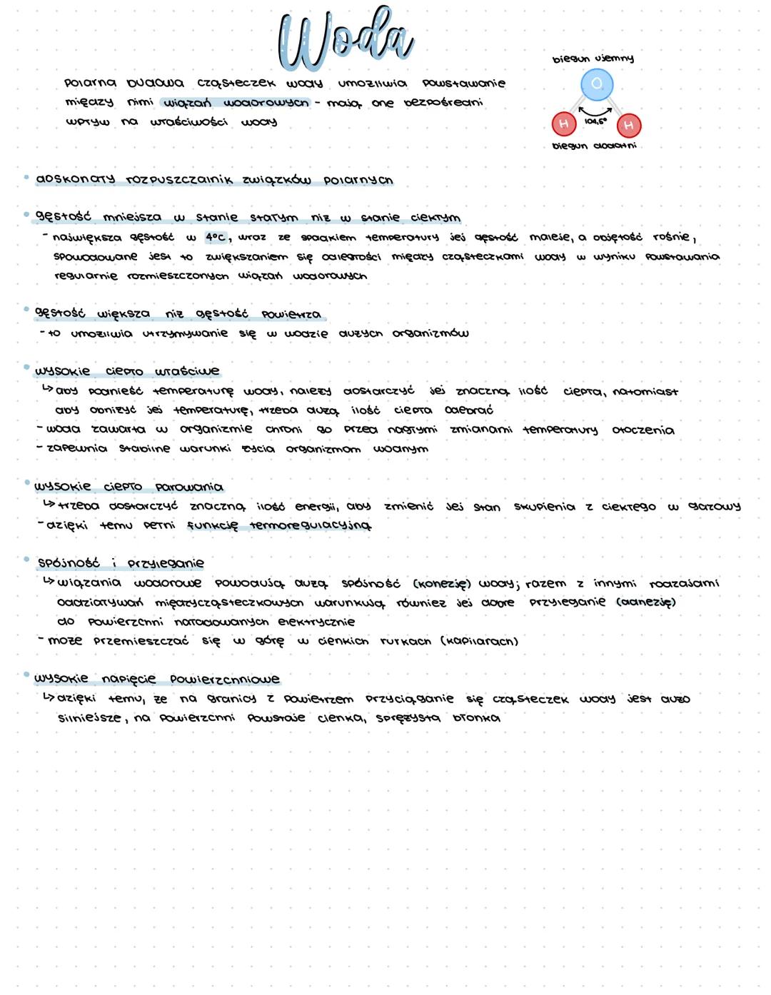 Woda
Polarna Duaowa cząsteczek wody umozliwia powstawanie
między nimi wiązań wodorowych - mają one bezpośredni
WPTYW na właściwości wody
aos