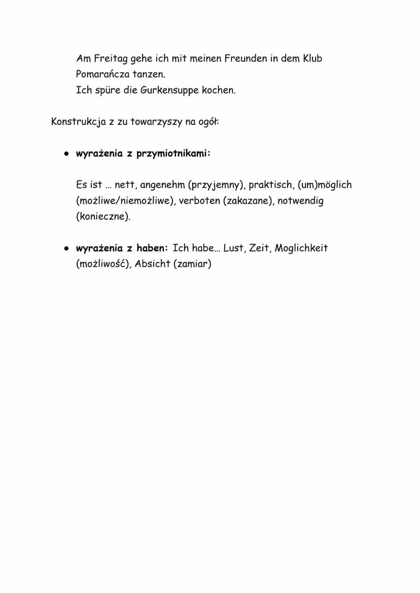 INFINITIV MIT UND OHNE "ZU"
Konstrukcja bezokolicznikowa z zu. Ogólne zasady:
• Słówko zu występuje bezpośrednio przed bezokolicznikiem.
• W