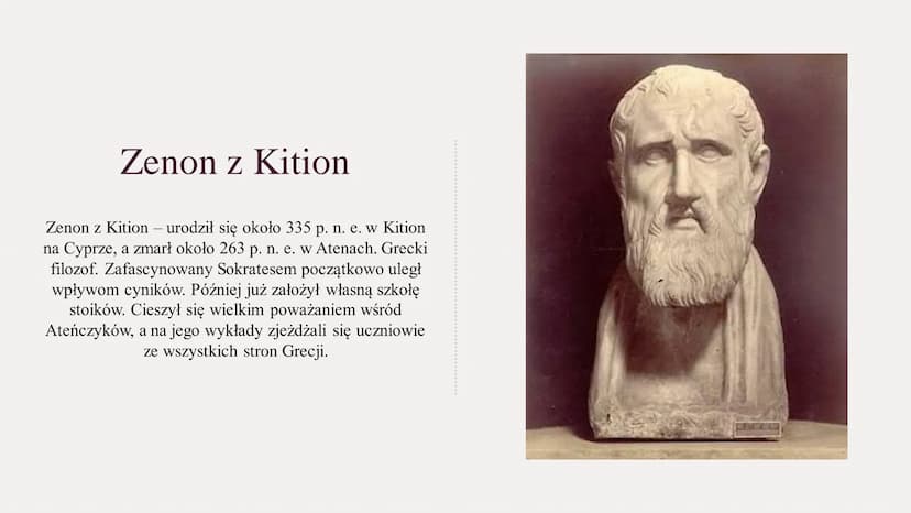 STOICYZM Stoicyzm
Stoicyzm - kierunek filozoficzny zakładający, że cnota pojmowana jako życie zgodnie
z zasadami rozumu i umiejętność godzen