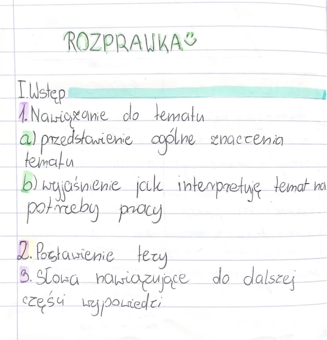 ROZPRAWKAⓇ
I. Wstep
1. Nawiązanie do tematu
al przedstawienie ogólne
tematu
ogólne znaczenia.
6) wyjaśnienie jak interpretuję temat na
potre