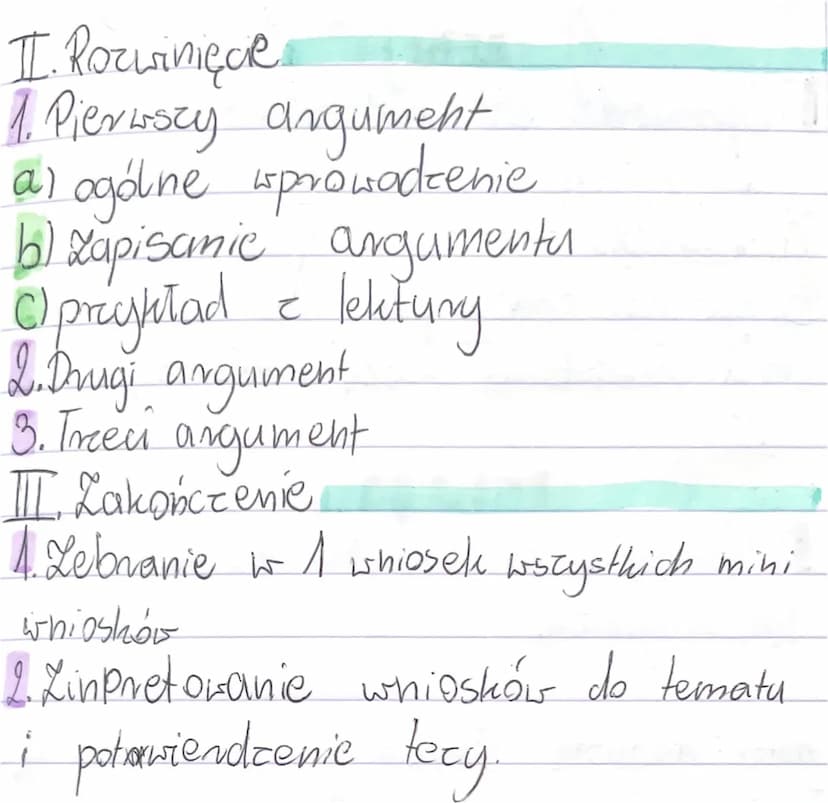 ROZPRAWKAⓇ
I. Wstep
1. Nawiązanie do tematu
al przedstawienie ogólne
tematu
ogólne znaczenia.
6) wyjaśnienie jak interpretuję temat na
potre