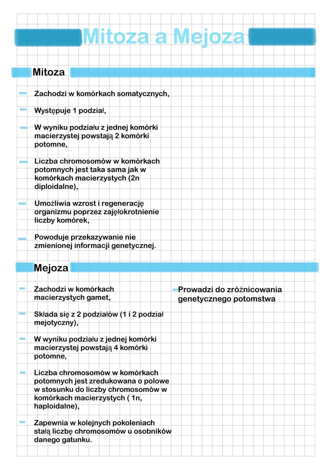 Mitoza a Mejoza
Mitoza
Zachodzi w komórkach somatycznych,
Występuje 1 podział,
W wyniku podziału z jednej komórki
macierzystej powstają 2 ko