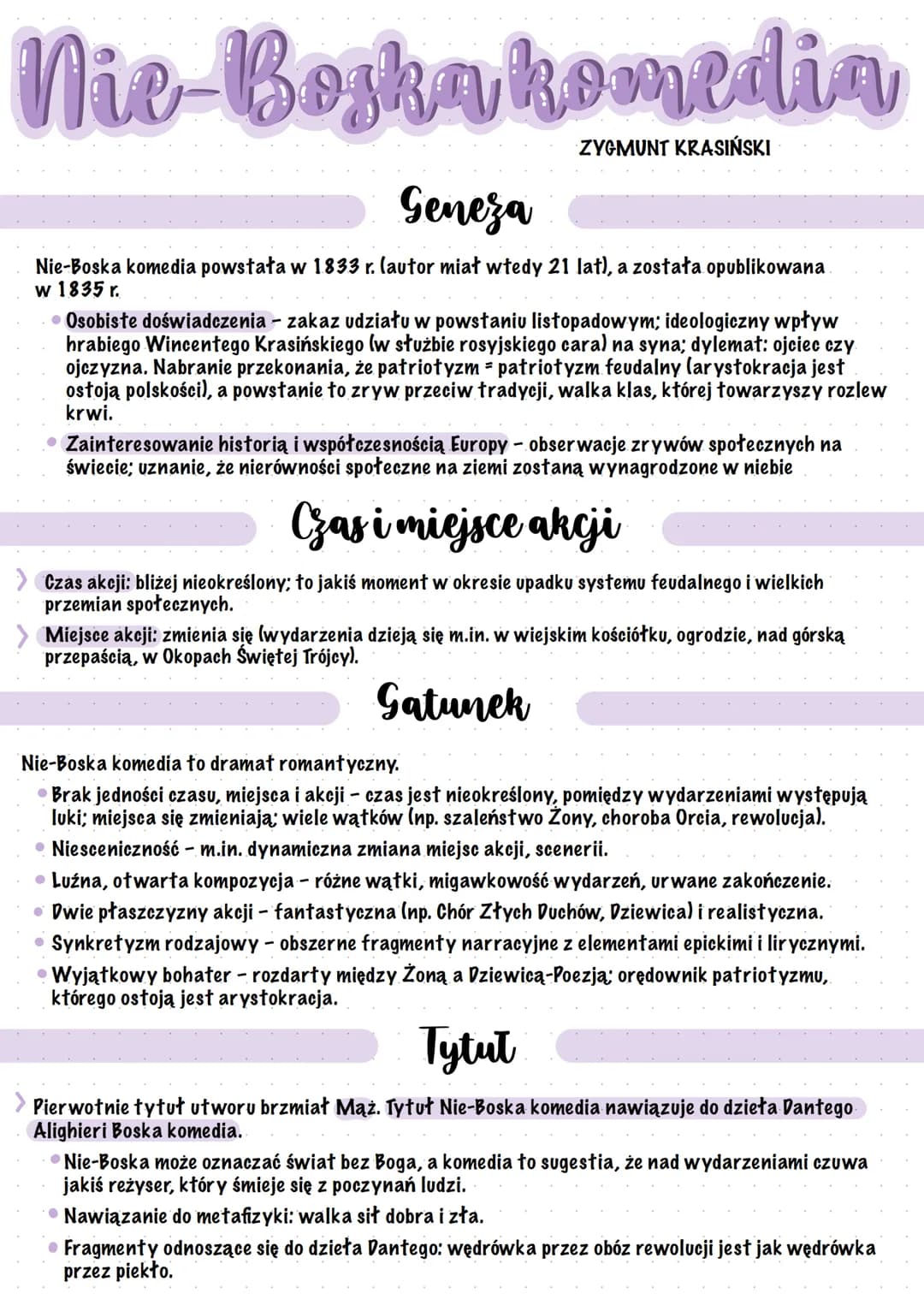 Nie-Boska komedia
ZYGMUNT KRASIŃSKI
Geneza
Nie-Boska komedia powstała w 1833 r. (autor miał wtedy 21 lat), a została opublikowana
w 1835 r.
