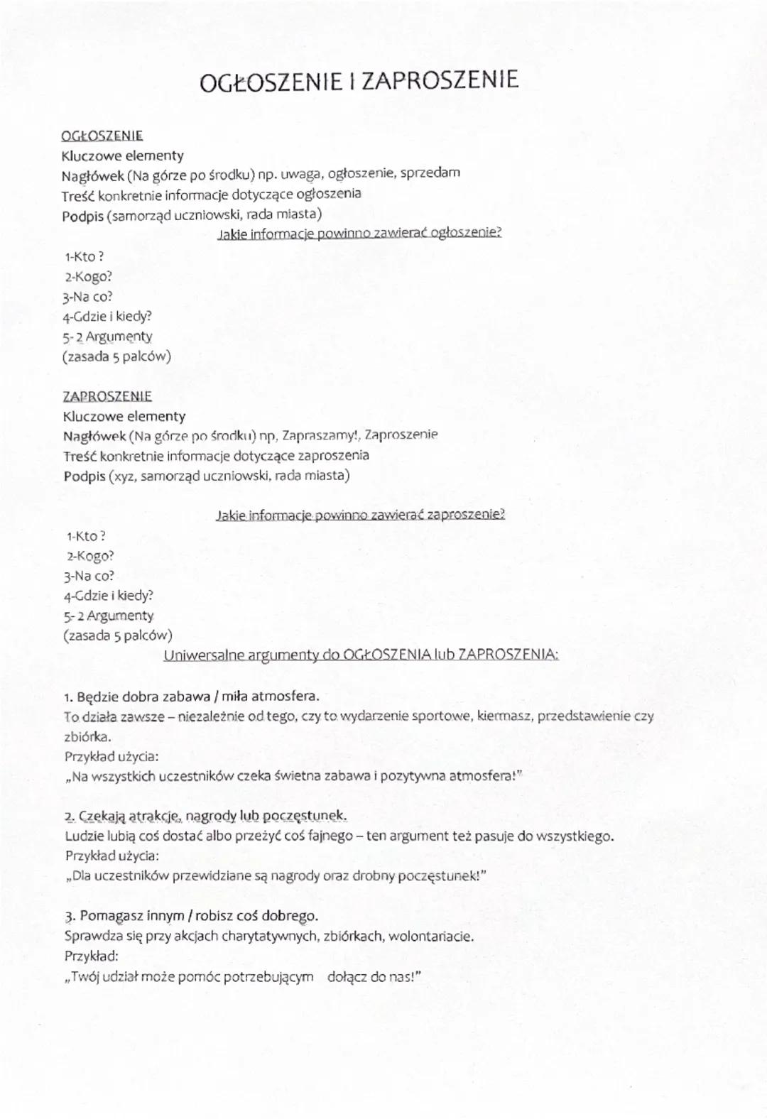 # OGŁOSZENIE I ZAPROSZENIE

OGŁOSZENIE

Kluczowe elementy

Nagłówek (Na górze po środku) np. uwaga, ogłoszenie, sprzedam

Treść konkretnie i