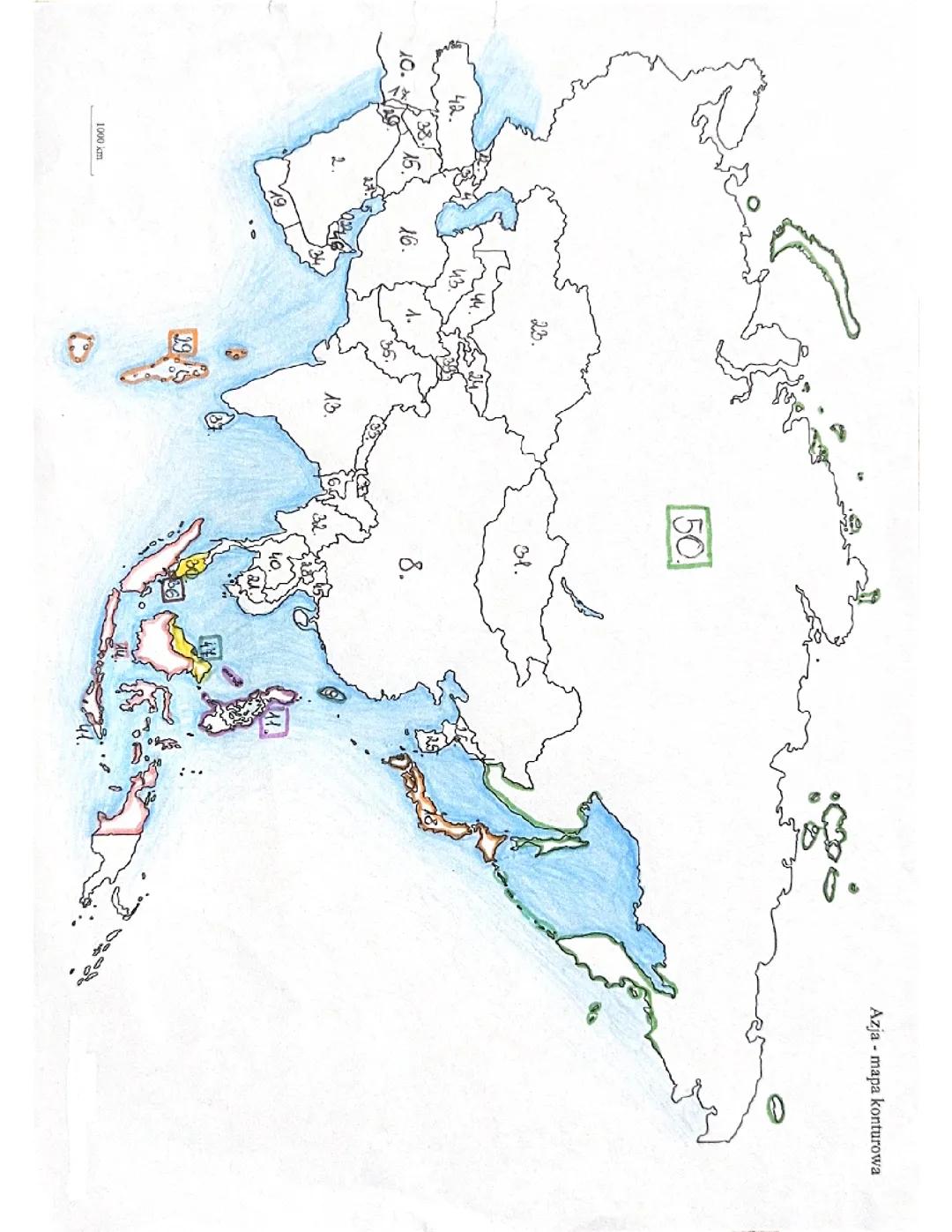 Mapa konturowa Azji: Państwa i Stolice