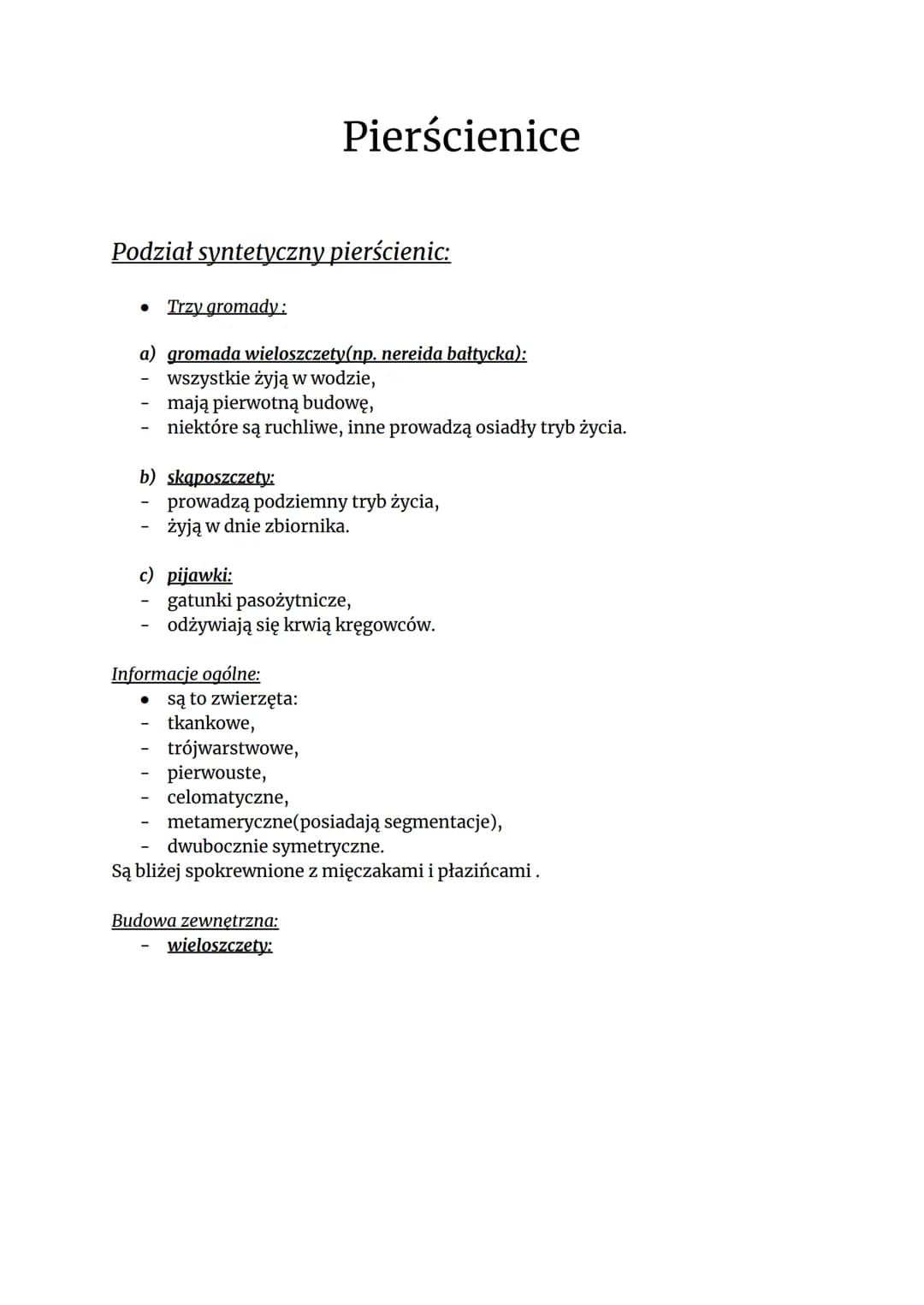 
<h2 id="podziasyntetycznypiercienic">Podział syntetyczny pierścienic</h2>
<p>Przedstawiciele pierścienic można podzielić syntetycznie na tr