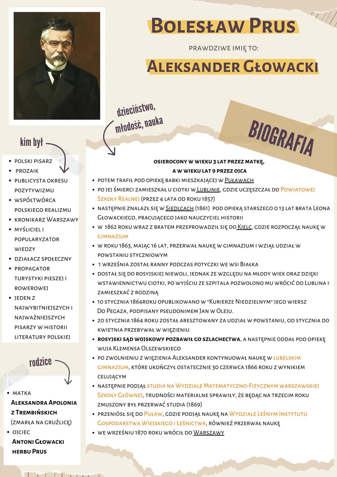 # BOLESŁAW PRUS

PRAWDZIWE IMIĘ TO:

# ALEKSANDER GŁOWACKI

dzieciństwo,
młodość, nauka

# BIOGRAFIA

OSIEROCONY W WIEKU 3 LAT PRZEZ MATKĘ,
