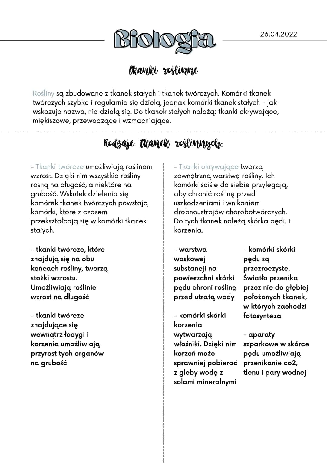 Tkanki roślinne klasa 5 - rodzaje, rysunki i test