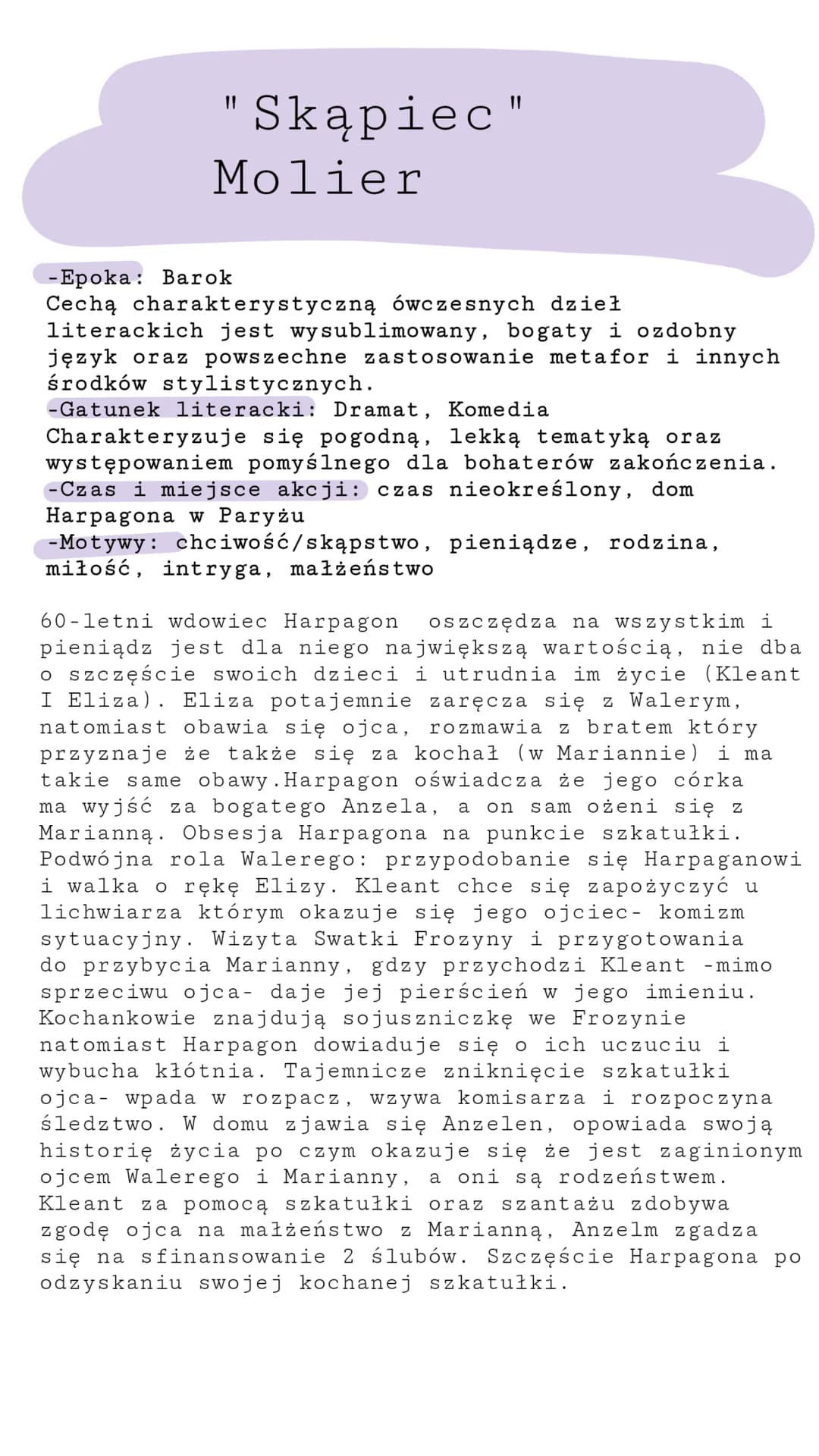 "Skąpiec"
Molier
-Epoka: Barok
Cechą charakterystyczną ówczesnych dzieł
literackich jest wysublimowany, bogaty i ozdobny
język oraz powszech