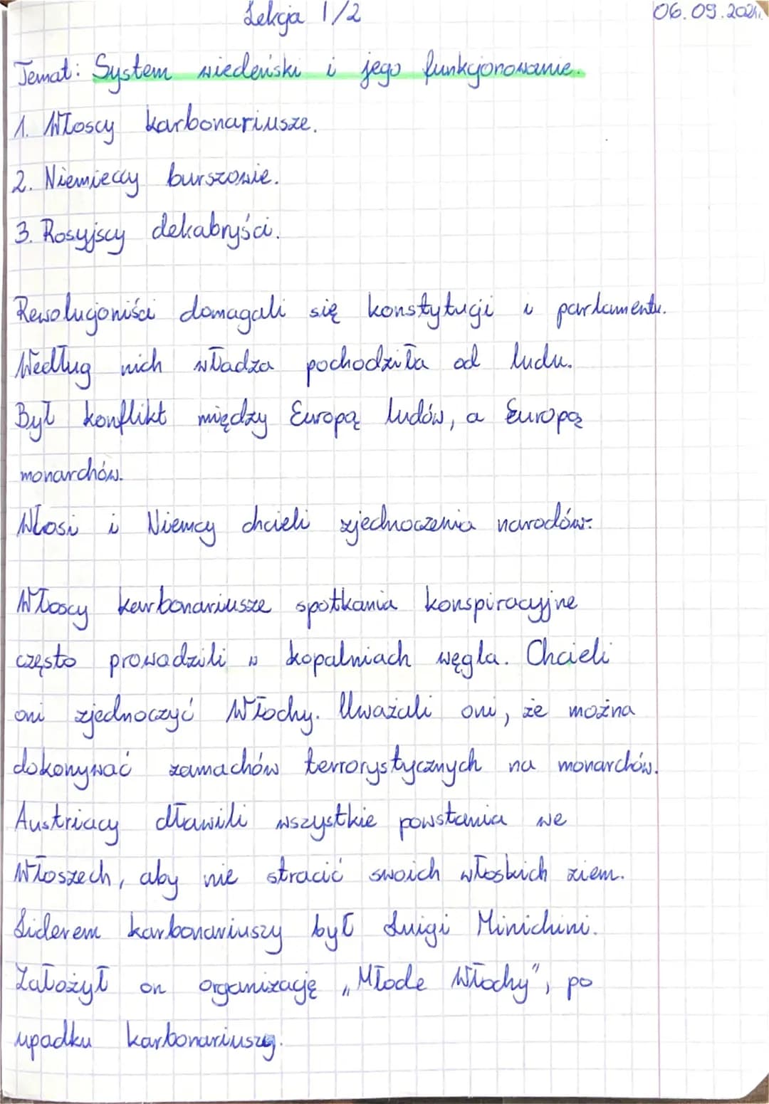 Lekcja 1/2
Temat: System wiedeński i jego funkcjonowanie...
1. Miłoscy karbonariusze.
2. Niemieccy burszowie.
3. Rosyjscy dekabryści.
Rewolu