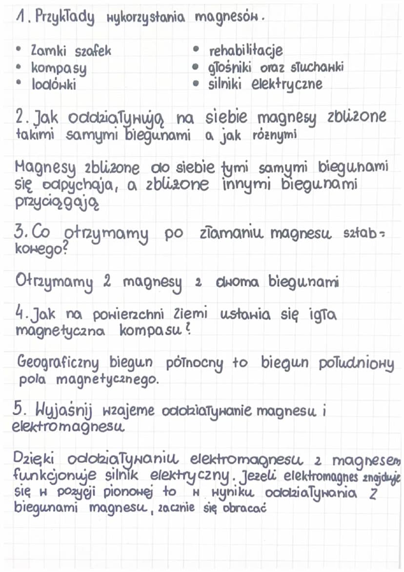 magnetyzm
Bieguny magnetyczne
kazdy magnes ma dwa bieguny NiS. Magnesy przyciągają
sie gdy są zwrócone do siebie róznymi biegunami
a odpycha