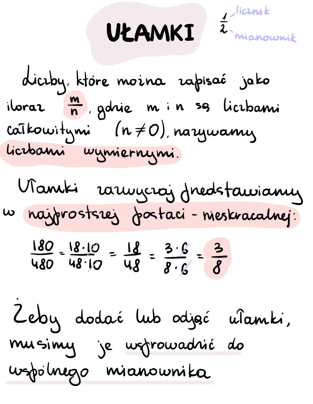 UŁAMKI
Liczby, które można zapisać jako
m
iloraz M gdzie min se liczbami
"
2
licznik
mianownik
całkowitymi (n #0), nazywamy
liczbami wymiern