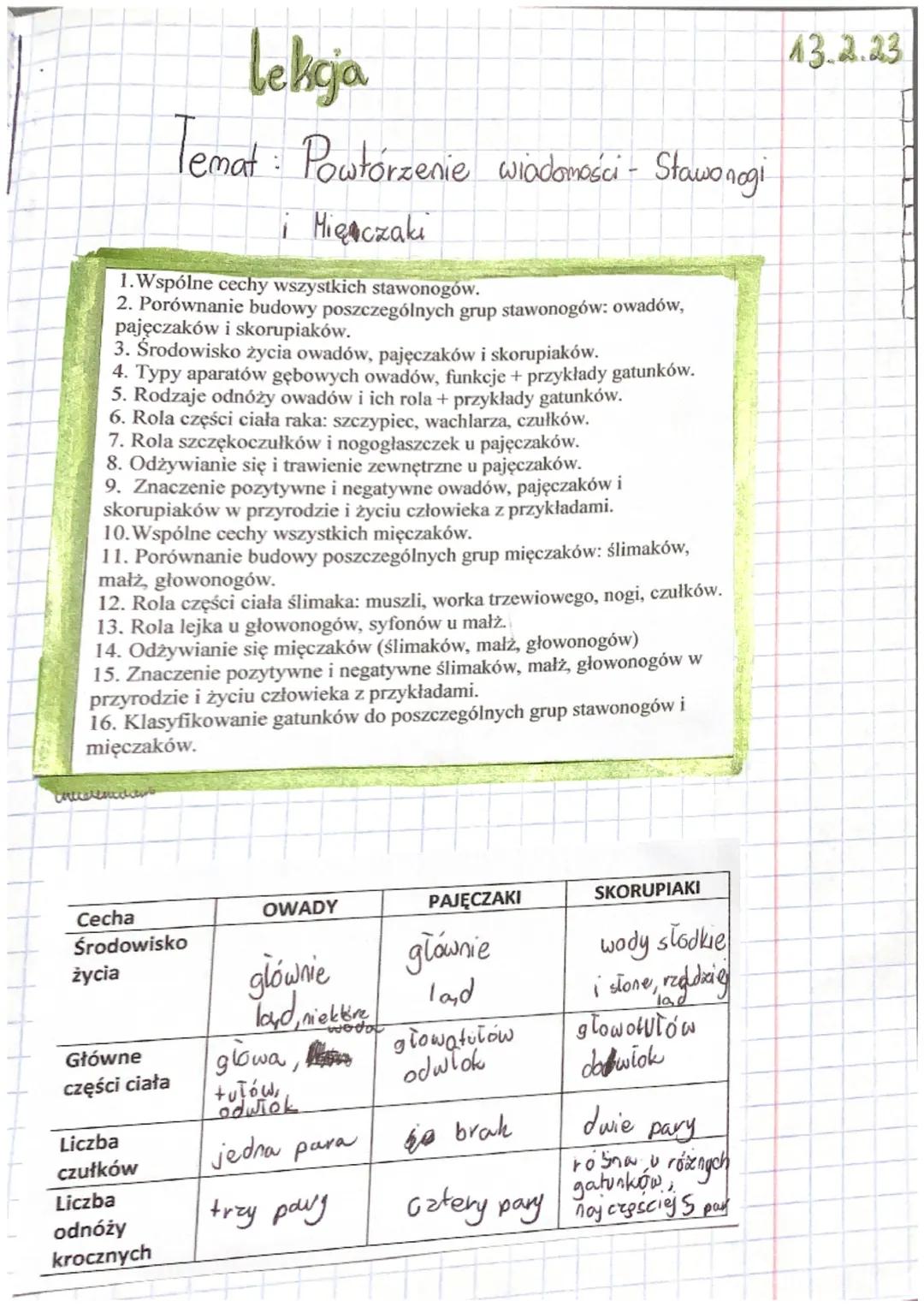 lekcja

Temat: Powtórzenie wiadomości - Stawonogi
i Mięczaki

1. Wspólne cechy wszystkich stawonogów.
2. Porównanie budowy poszczególnych gr