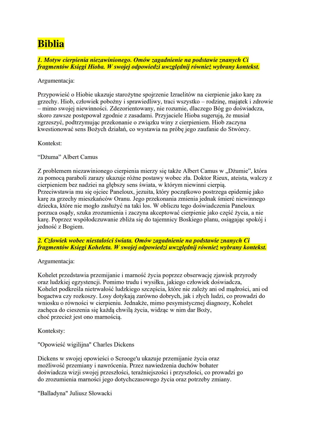 --- OCR Start ---
Biblia
1. Motyw cierpienia niezawinionego. Omów zagadnienie na podstawie znanych Ci
fragmentów Księgi Hioba. W swojej odpo