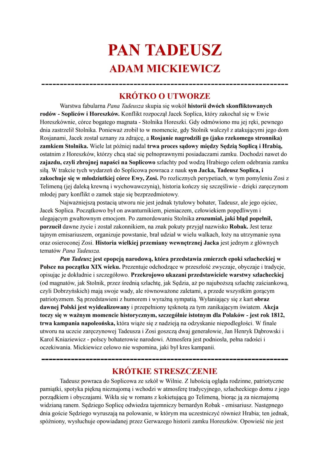 Adam Mickiewicz - "Pan Tadeusz" - Pełne Opracowanie