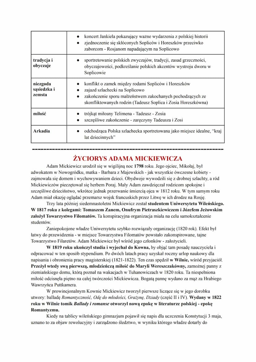 PAN TADEUSZ
ADAM MICKIEWICZ
KRÓTKO O UTWORZE
Warstwa fabularna Pana Tadeusza skupia się wokół historii dwóch skonfliktowanych
rodów - Soplic