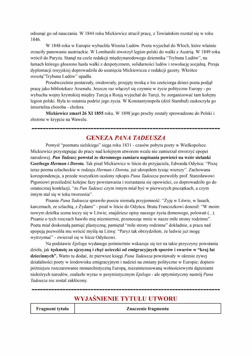 PAN TADEUSZ
ADAM MICKIEWICZ
KRÓTKO O UTWORZE
Warstwa fabularna Pana Tadeusza skupia się wokół historii dwóch skonfliktowanych
rodów - Soplic