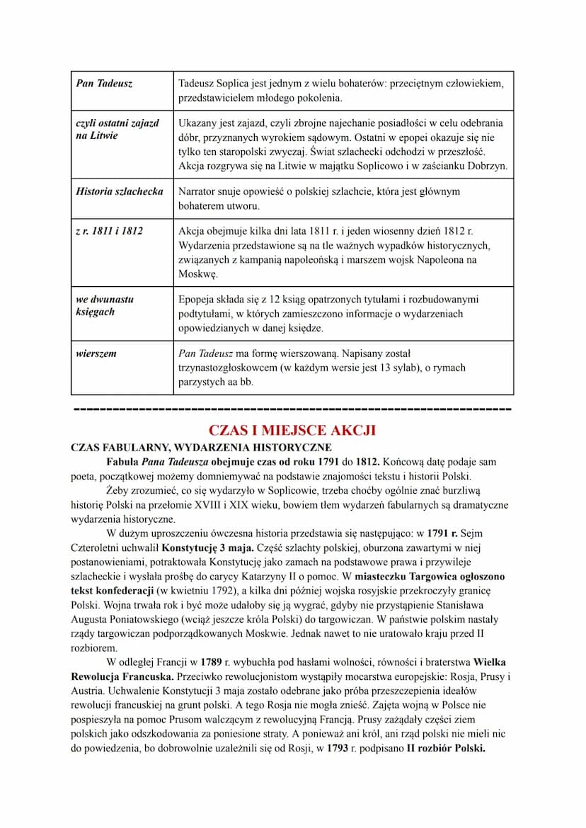PAN TADEUSZ
ADAM MICKIEWICZ
KRÓTKO O UTWORZE
Warstwa fabularna Pana Tadeusza skupia się wokół historii dwóch skonfliktowanych
rodów - Soplic