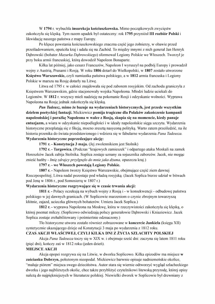 PAN TADEUSZ
ADAM MICKIEWICZ
KRÓTKO O UTWORZE
Warstwa fabularna Pana Tadeusza skupia się wokół historii dwóch skonfliktowanych
rodów - Soplic