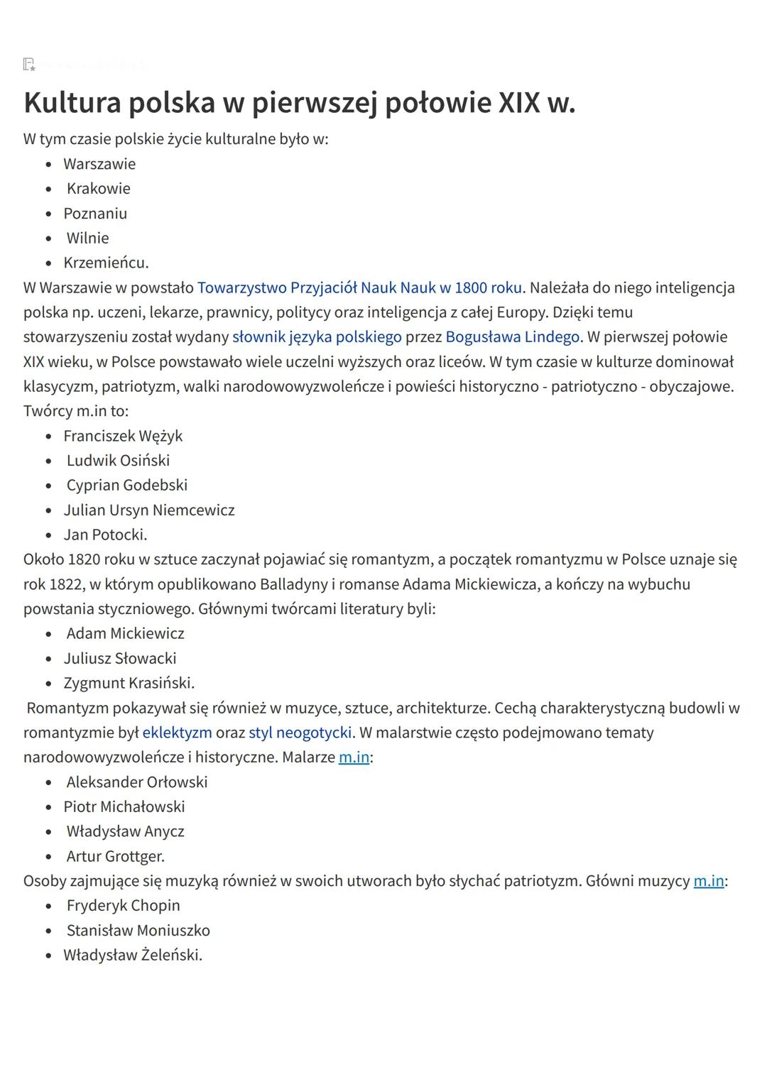 # Kultura polska w pierwszej połowie XIX w.

W tym czasie polskie życie kulturalne było w:
- Warszawie
- Krakowie
- Poznaniu
- Wilnie
- Krze