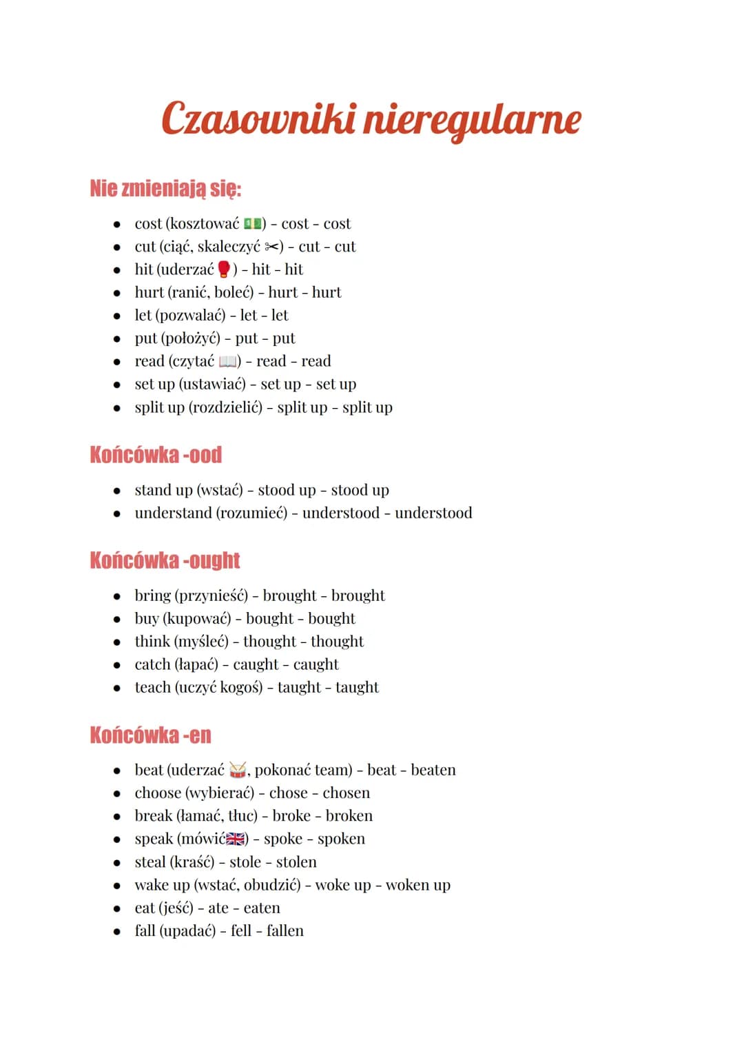 Czasowniki nieregularne
Nie zmieniają się:
• cost (kosztować) - cost - cost
● cut (ciąć, skaleczyć ) - cut - cut
● hit (uderzać) - hit - hit