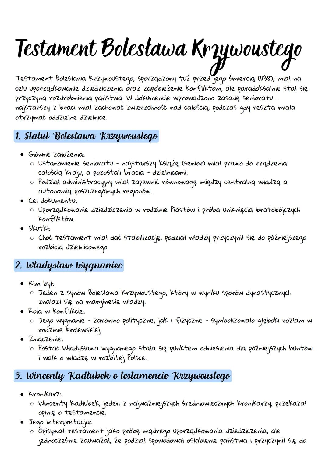 # Testament Bolesława Krzywoustego

Testament Bolesława Krzywoustego, sporządzony tuż przed jego śmiercią (1138), miał na
celu uporządkowani