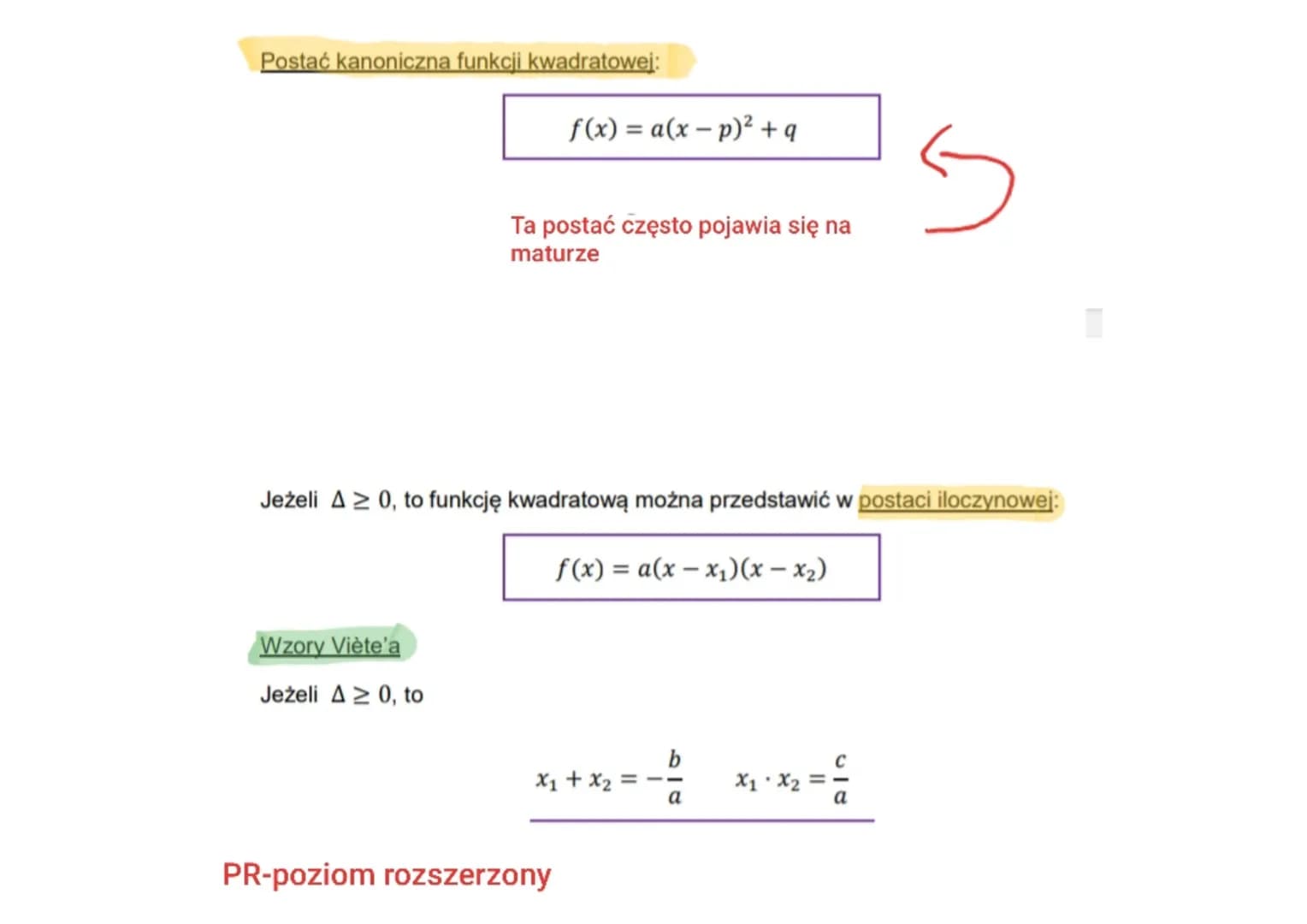 FUNKCJA KWADRATOWA
Wyróżnikiem A trójmianu kwadratowego ax² + bx+c (a = 0, b, c € R) zmiennej
rzeczywistej x nazywamy liczbę
Postać ogólna f