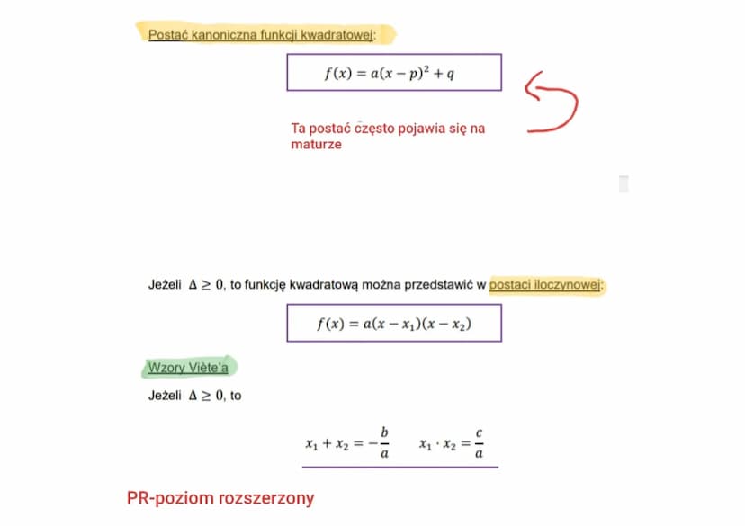FUNKCJA KWADRATOWA
Wyróżnikiem A trójmianu kwadratowego ax² + bx+c (a = 0, b, c € R) zmiennej
rzeczywistej x nazywamy liczbę
Postać ogólna f