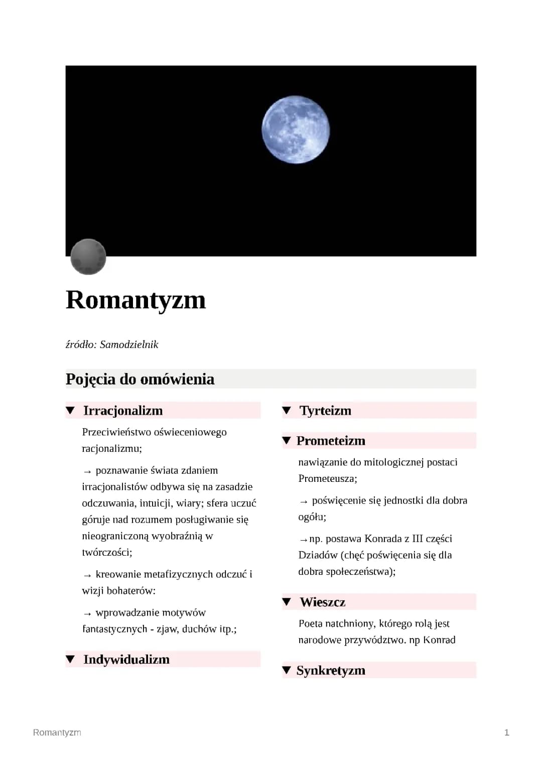 Romantyzm: Indywidualizm, Irracjonalizm, Mesjanizm i Natura