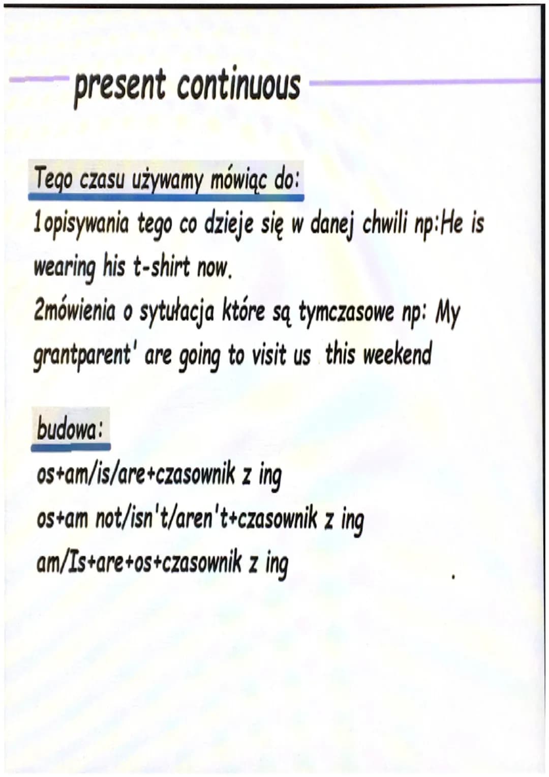 present simple
tego czasu używamy mówiąc o:
1 Czynnościach które dzieją sie regulrnie.
2Sytułacjach niezmiennych np I live in Poland.
budowa