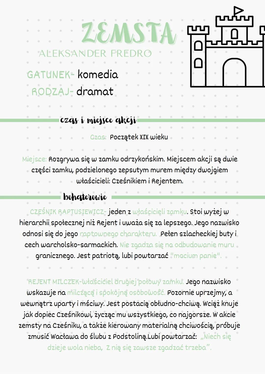 ●
•
·
peny
prhan
ZEMSTA L
·T·
ALEKSANDER FREDRO
GATUNEK- komedia
RODZAJ-dramat
·czas i miejsce akcji
0
●
Czas: Początek XIX wieku
3
Miejsce: