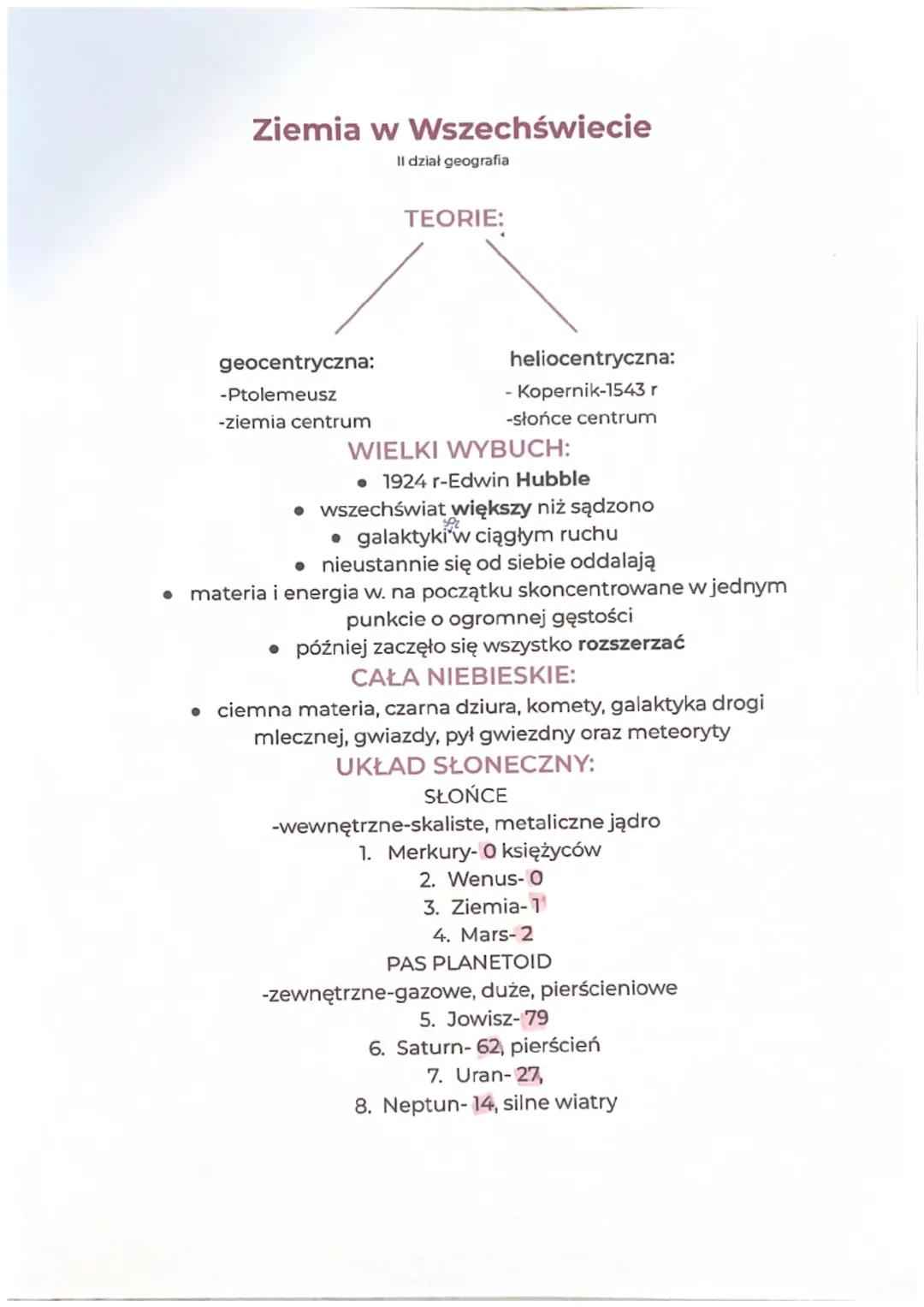 Ziemia w Wszechświecie
II dział geografia
geocentryczna:
-Ptolemeusz
-ziemia centrum
TEORIE:
heliocentryczna:
- Kopernik-1543 r
-słońce cent