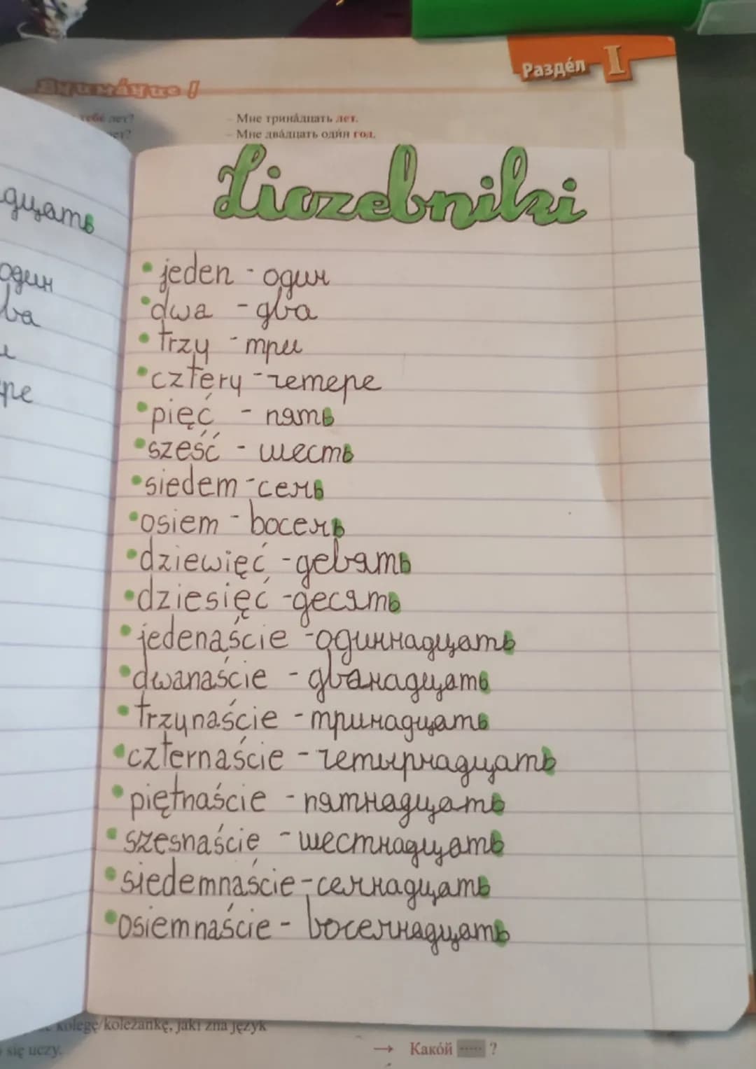 ANUNÁNTO !
rebé ner?
gizams
один
ba
i
ре
się uczy.
Мне тринадцать лет.
Мне двадцать один год
Liczebniki
• jeden • ogui
•dwa -gba
• trzy - mp