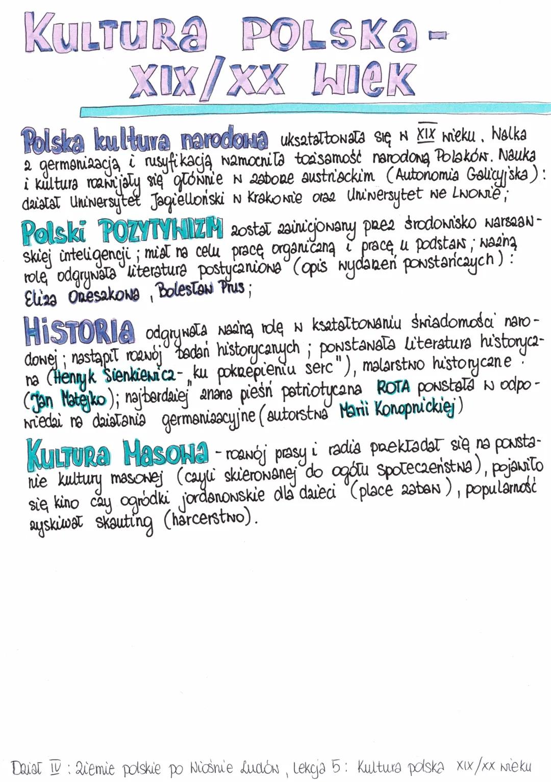# KULTURA POLSKA -
XIX/XX WICK

N
Polska kultura narodania ukształtowała się w XIX wieku, Nalka
2 germənizacją i rusyfikacją wzmocnita tożsa
