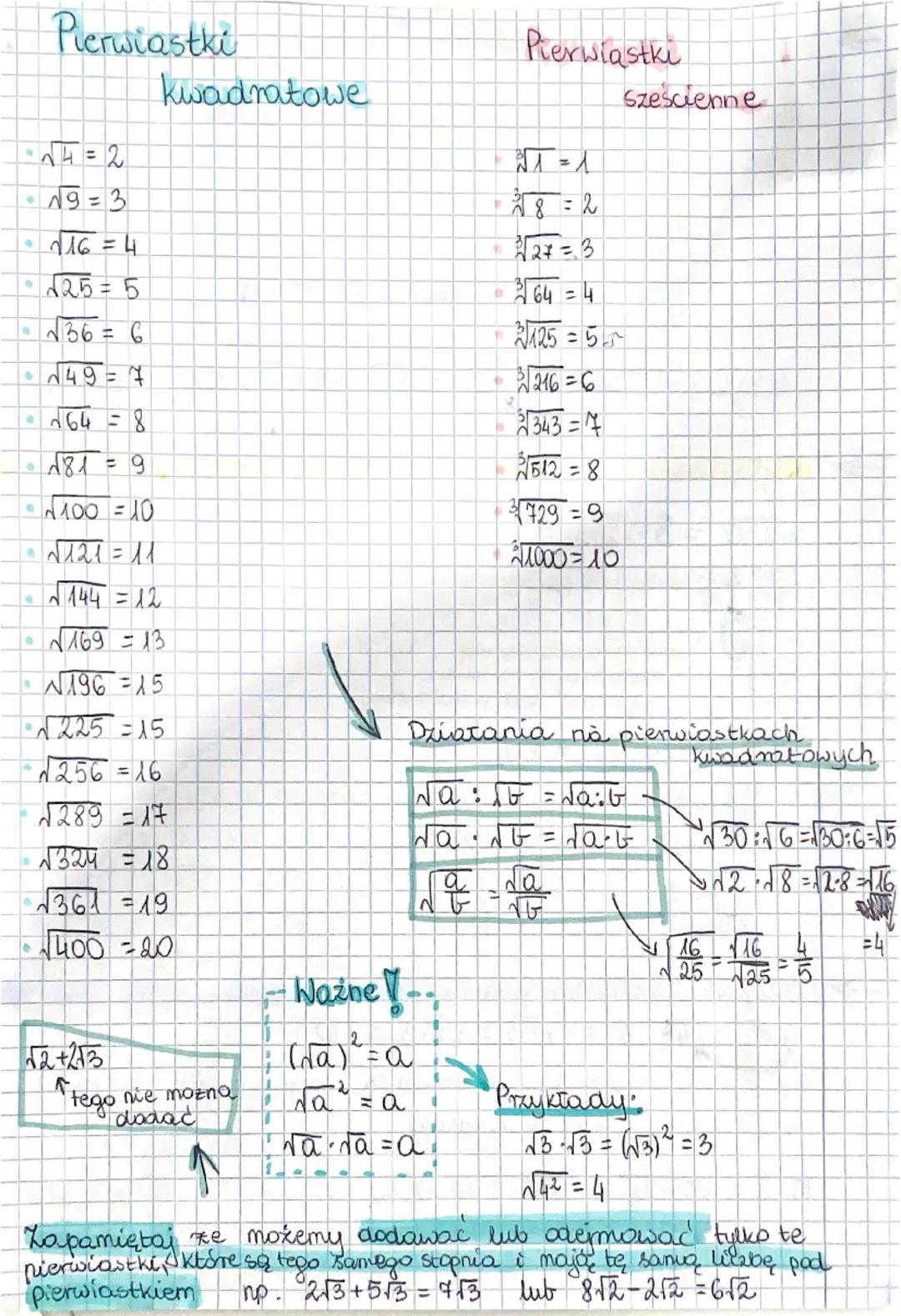 # Pierwiastki
kwaadratowe
- $\sqrt{4} = 2$
- $\sqrt{9} = 3$
- $\sqrt{16} = 4$
- $\sqrt{25} = 5$
- $\sqrt{36} = 6$
- $\sqrt{49} = 7$
- $\sqrt