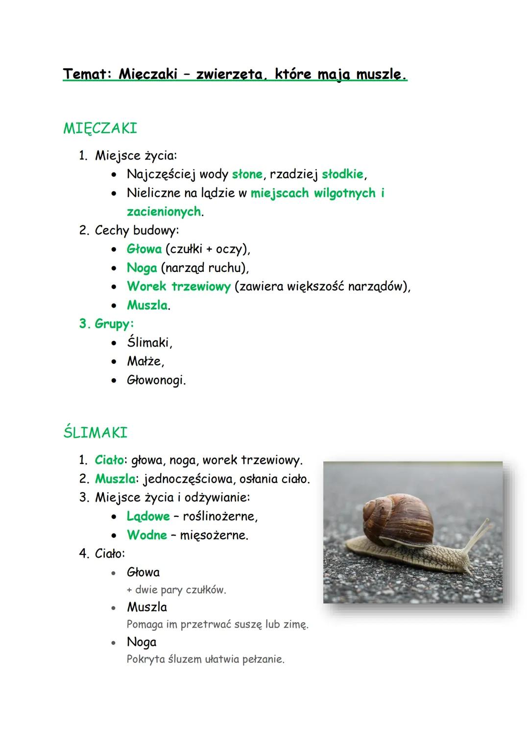 Temat: Mięczaki - zwierzęta, które mają muszle.

MIĘCZAKI

1. Miejsce życia:
*   Najczęściej wody słone, rzadziej słodkie,
*   Nieliczne na 