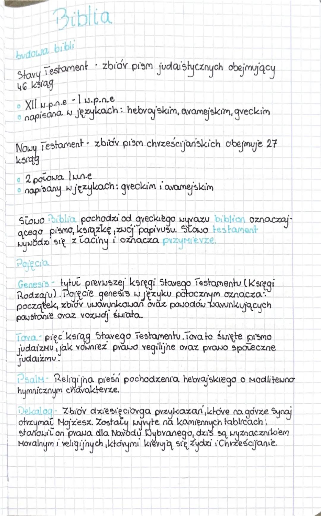 # Biblia

budowa bibli

Stary Testament zbiór pism judaistycznych obejmujący
46 ksiąg

• Xll w.p.n.e - I w.p.n.e

• napisana w językach: heb