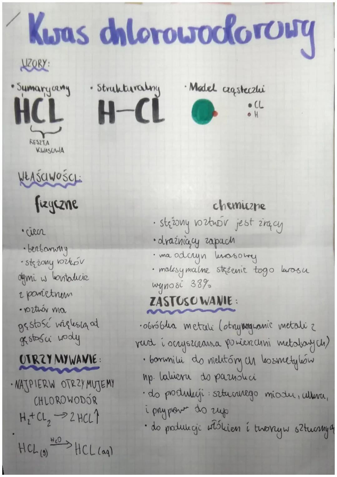 Kwas chlorowodorowy
WZORY:
•Sumaryczny
Strukturalny
HCL H-CL
RESZTA
KWASOWA
WŁAŚCIWOŚC
fizyczne
•ciecz
• bezbarwny
ючкой
•Stężony roztóv
dym