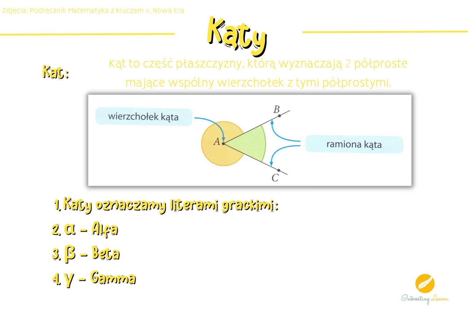 Zdjęcia: Podręcznik Matematyka z kluczem 6. Nowa Era
Kat:
Kaby
Kąt to część pła szczyzny, którą wyznaczają 2 półproste
mające wspólny wierzc