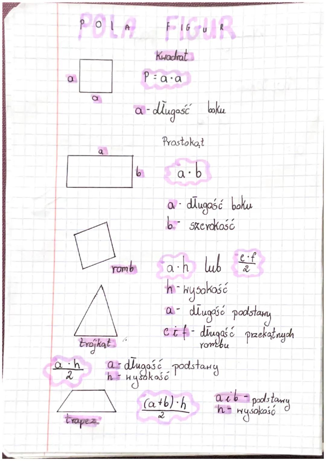 8
POLA FIGUR
0
a h
2
a
trojkąt
trapez
a-
6
Kwadrat
Pa·a
Mługość boku
Prostokąt
a.b
a długość boku
b- szerokość
2
romb a⋅h lub
a⋅h lub ef
h -