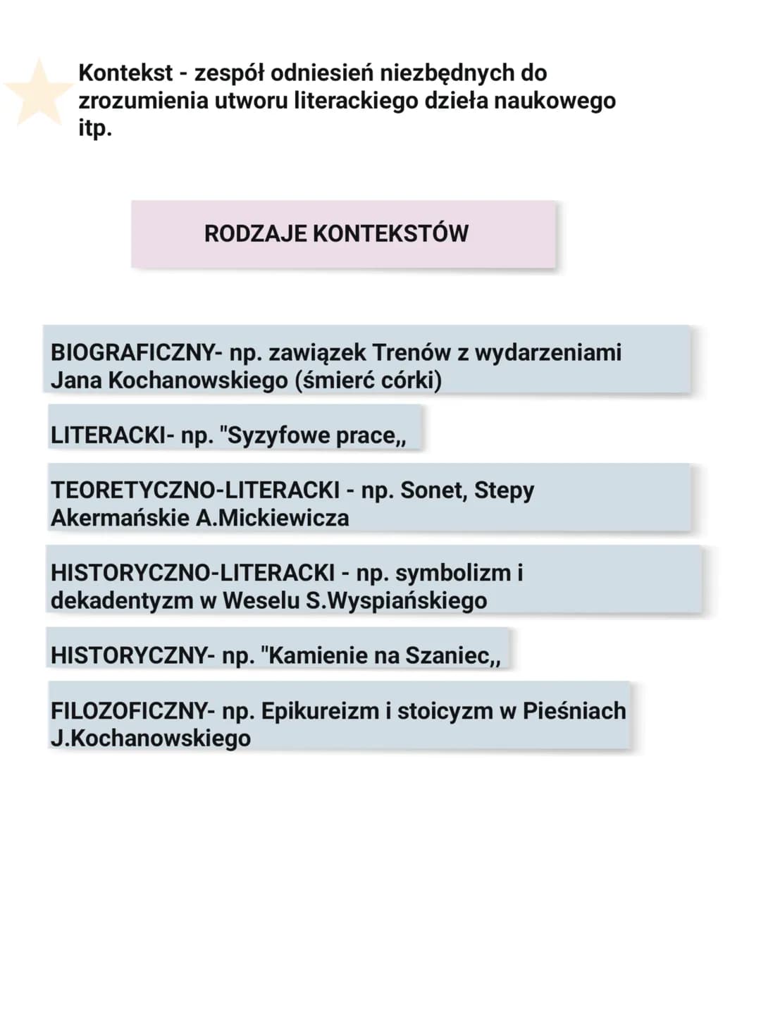 Kontekst - zespół odniesień niezbędnych do
zrozumienia utworu literackiego dzieła naukowego
itp.
RODZAJE KONTEKSTÓW
BIOGRAFICZNY- np. zawiąz