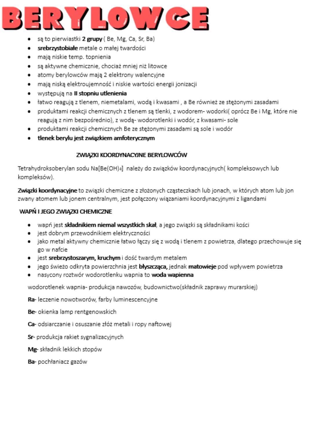 BERYLOWCE
⚫ są to pierwiastki 2 grupy (Be, Mg, Ca, Sr, Ba)
⚫ srebrzystobiałe metale o małej twardości
• mają niskie temp. topnienia
•
.
są a