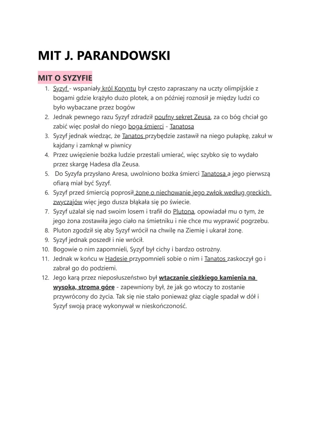 MIT J. PARANDOWSKI
MIT O SYZYFIE
1. Syzyf - wspaniały król Koryntu był często zapraszany na uczty olimpijskie z
bogami gdzie krążyło dużo pl