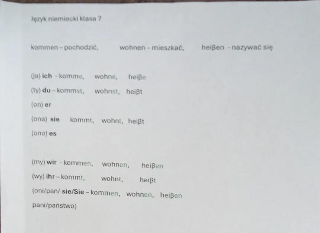 Odmiana czasowników: kommen, wohnen i heißen