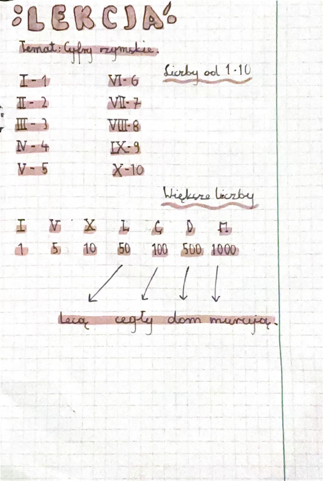LEKCJA:
Temat: Cybry zymskie
VI-6 Liczby od 1.10
I-1
VI-7
M-3
VII-8
N-4
IX-9
V-5
X-10
Większe liczby
H
X
1
5
10 50
100 500 1000
// 11
Leva c
