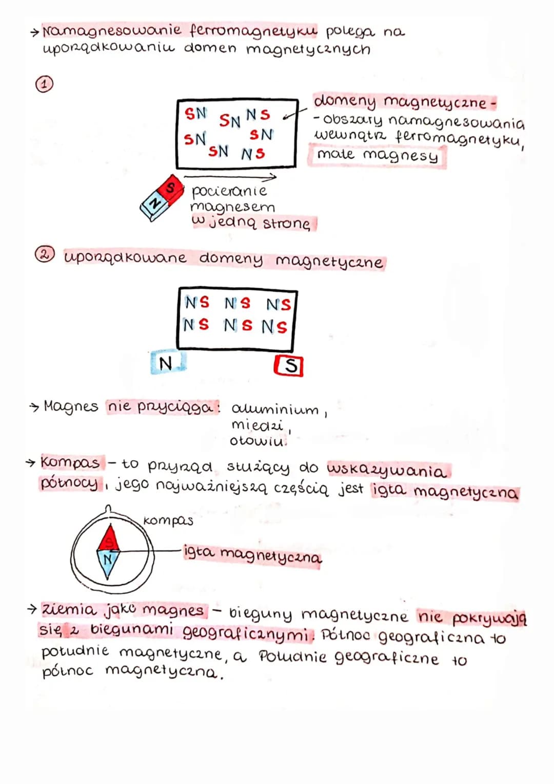 Bieguny
magnetyczne
→ Każdy magnes ma dwa bieguny
południowy (S)
- wskazuje geograficzne
południe
S
N
•północny (N)
koniec wskazujący geogra