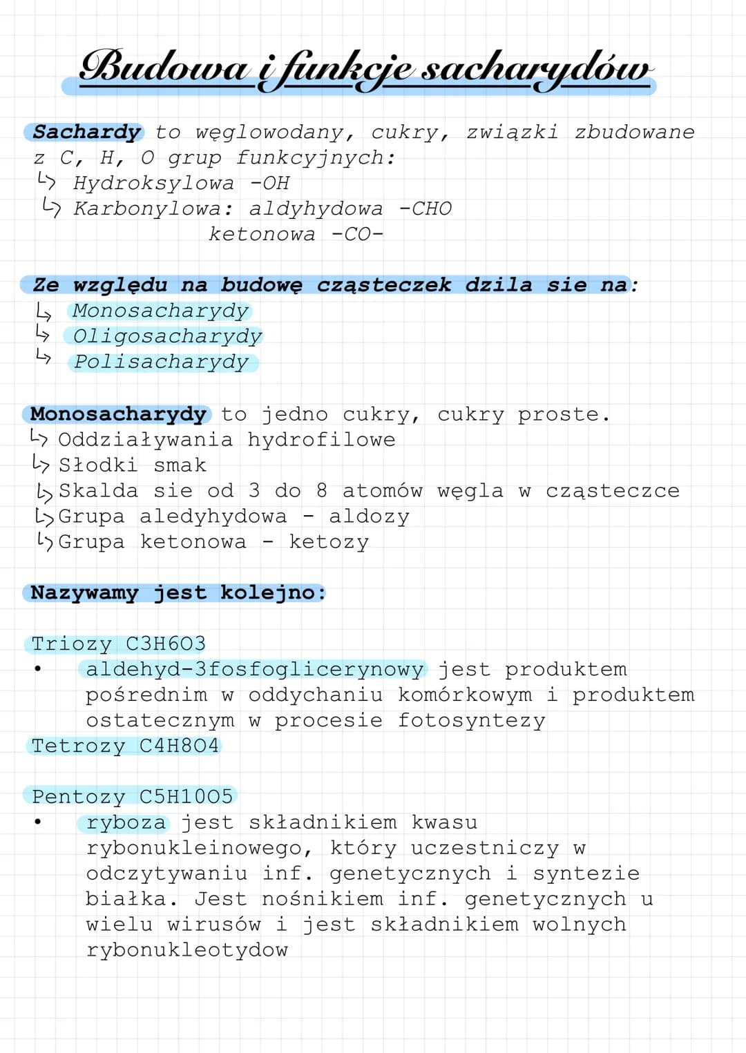 Budowa i funkcje sacharydów
Sachardy to węglowodany, cukry, związki zbudowane
z C, H, O grup funkcyjnych:
Hydroksylowa
-OH
↳ Karbonylowa: al